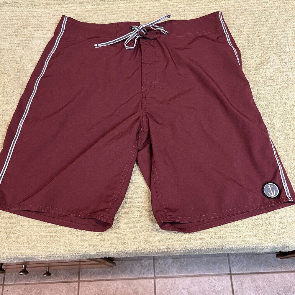 Captain Fin Board Shorts Trunks Men's 30 Red Stripe Anchor Patch Poly Blend